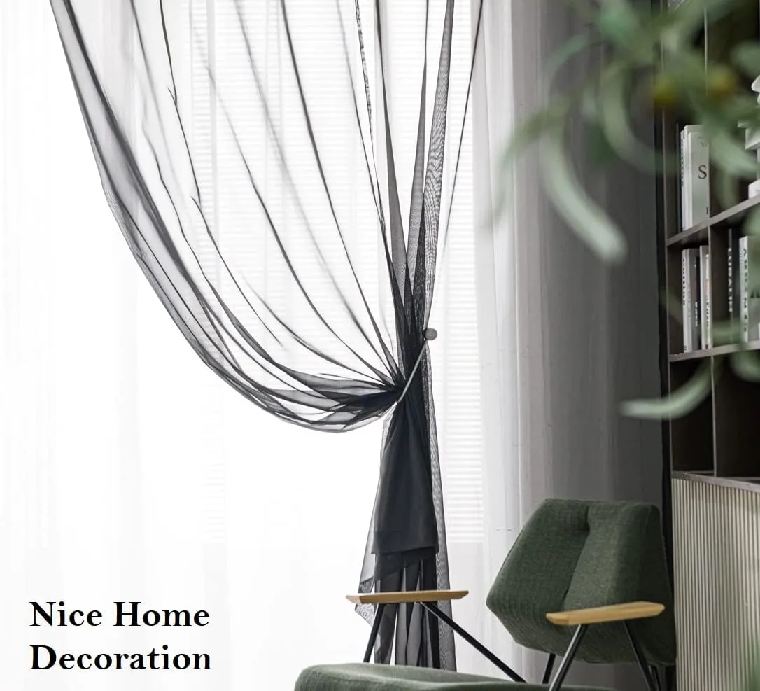 PI Black Sheer Curtains 84 Inches Long with Grommet,Hazy Voile Textured,Modern Window Treatment for Living Room/Bedroom 2 Panels (W52 X L84, Black)