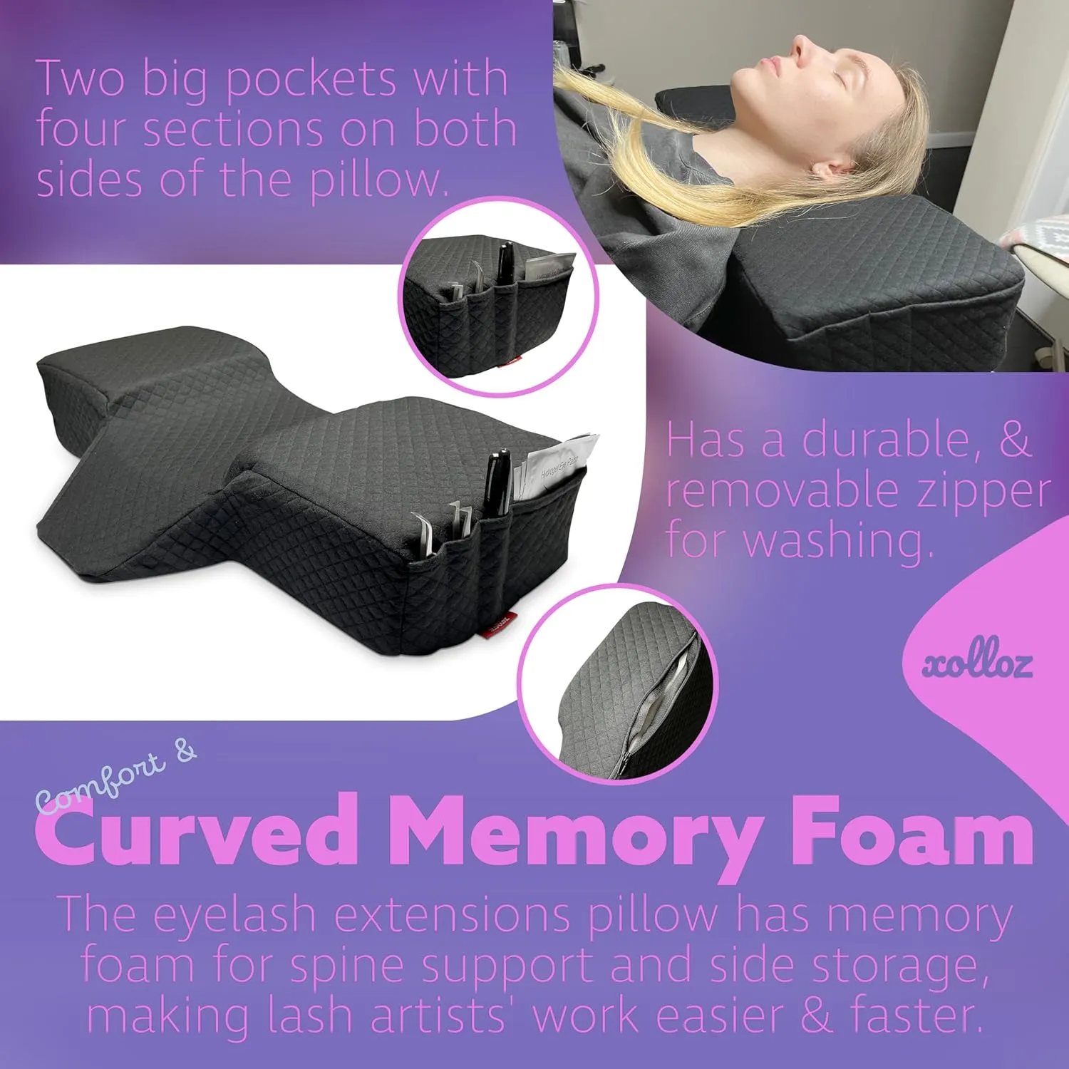 Pillow for Eyelash Extensions - Curved Memory Foam Lash Bed Pillow with Neck and Back Support, Perfect Pillow for Eyelash Extensions, Two Pockets for Tools On The Sides of Pillow (Black)