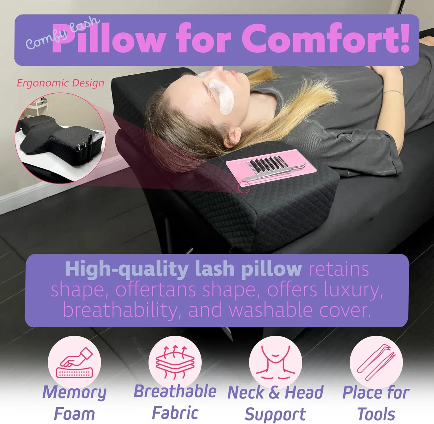 Pillow for Eyelash Extensions - Curved Memory Foam Lash Bed Pillow with Neck and Back Support, Perfect Pillow for Eyelash Extensions, Two Pockets for Tools On The Sides of Pillow (Black)