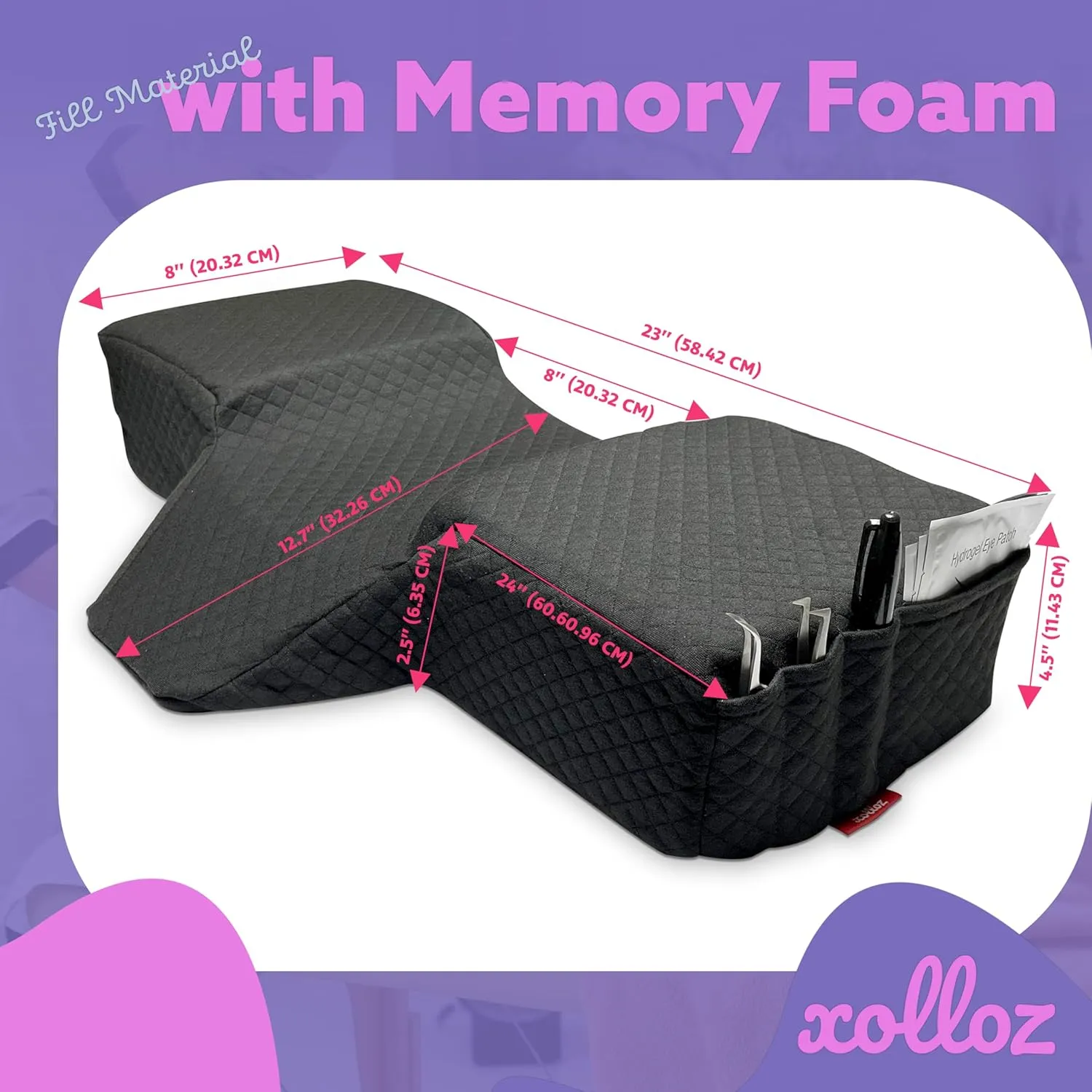 Pillow for Eyelash Extensions - Curved Memory Foam Lash Bed Pillow with Neck and Back Support, Perfect Pillow for Eyelash Extensions, Two Pockets for Tools On The Sides of Pillow (Black)