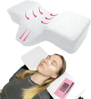 Pillow for Eyelash Extensions - Curved Memory Foam Lash Bed Pillow with Neck and Back Support, Perfect Pillow for Eyelash Extensions, Two Pockets for Tools On The Sides of Pillow (White)