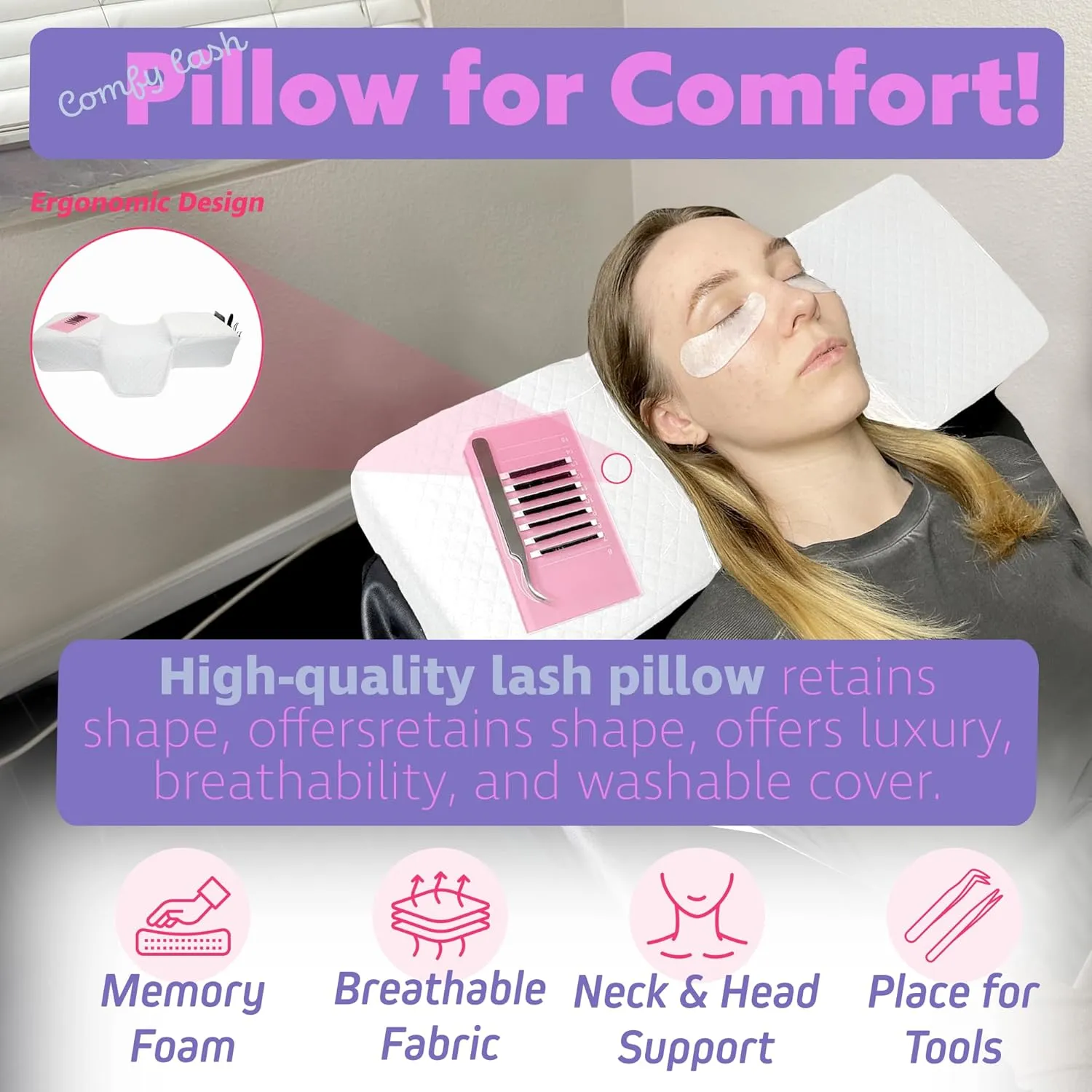 Pillow for Eyelash Extensions - Curved Memory Foam Lash Bed Pillow with Neck and Back Support, Perfect Pillow for Eyelash Extensions, Two Pockets for Tools On The Sides of Pillow (White)