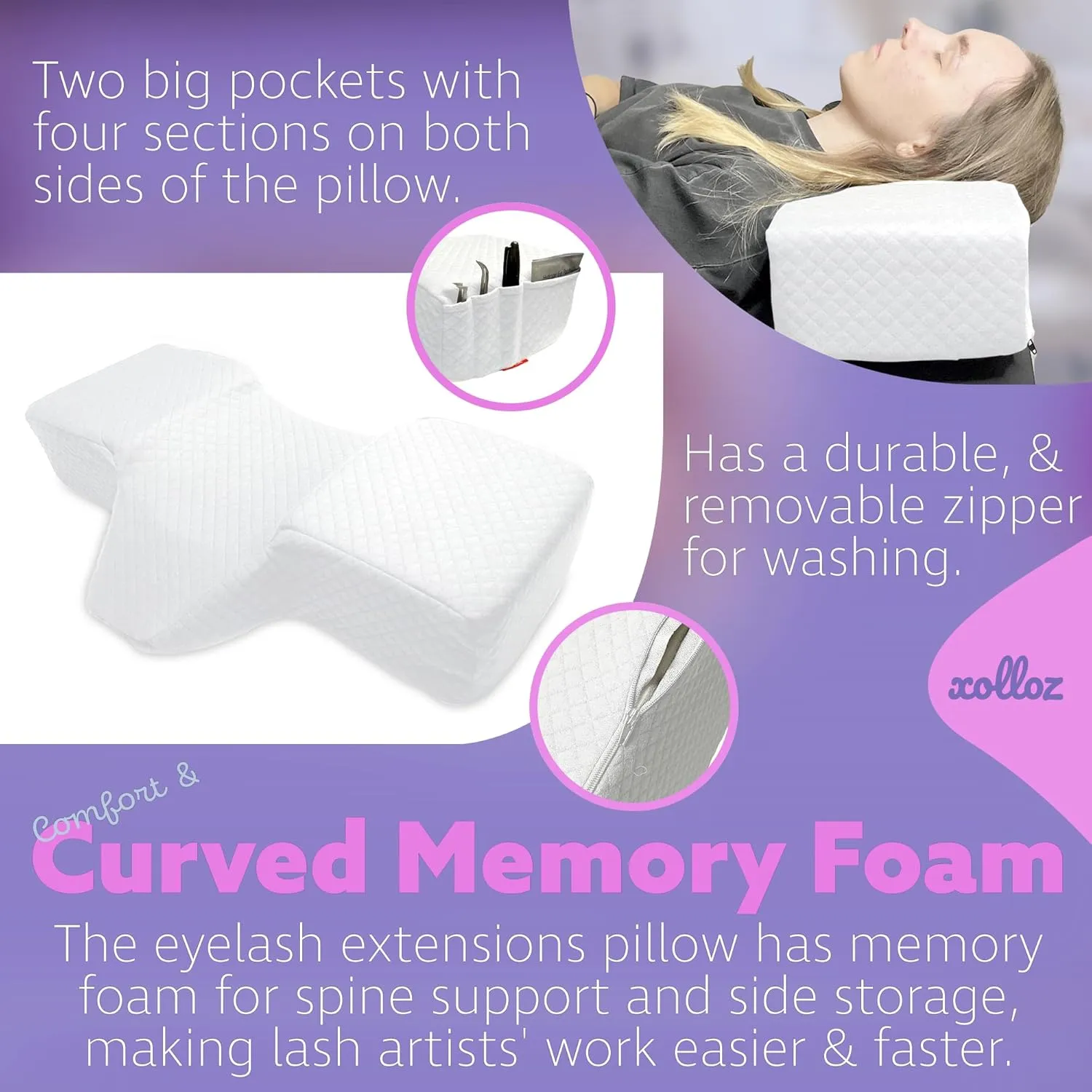 Pillow for Eyelash Extensions - Curved Memory Foam Lash Bed Pillow with Neck and Back Support, Perfect Pillow for Eyelash Extensions, Two Pockets for Tools On The Sides of Pillow (White)