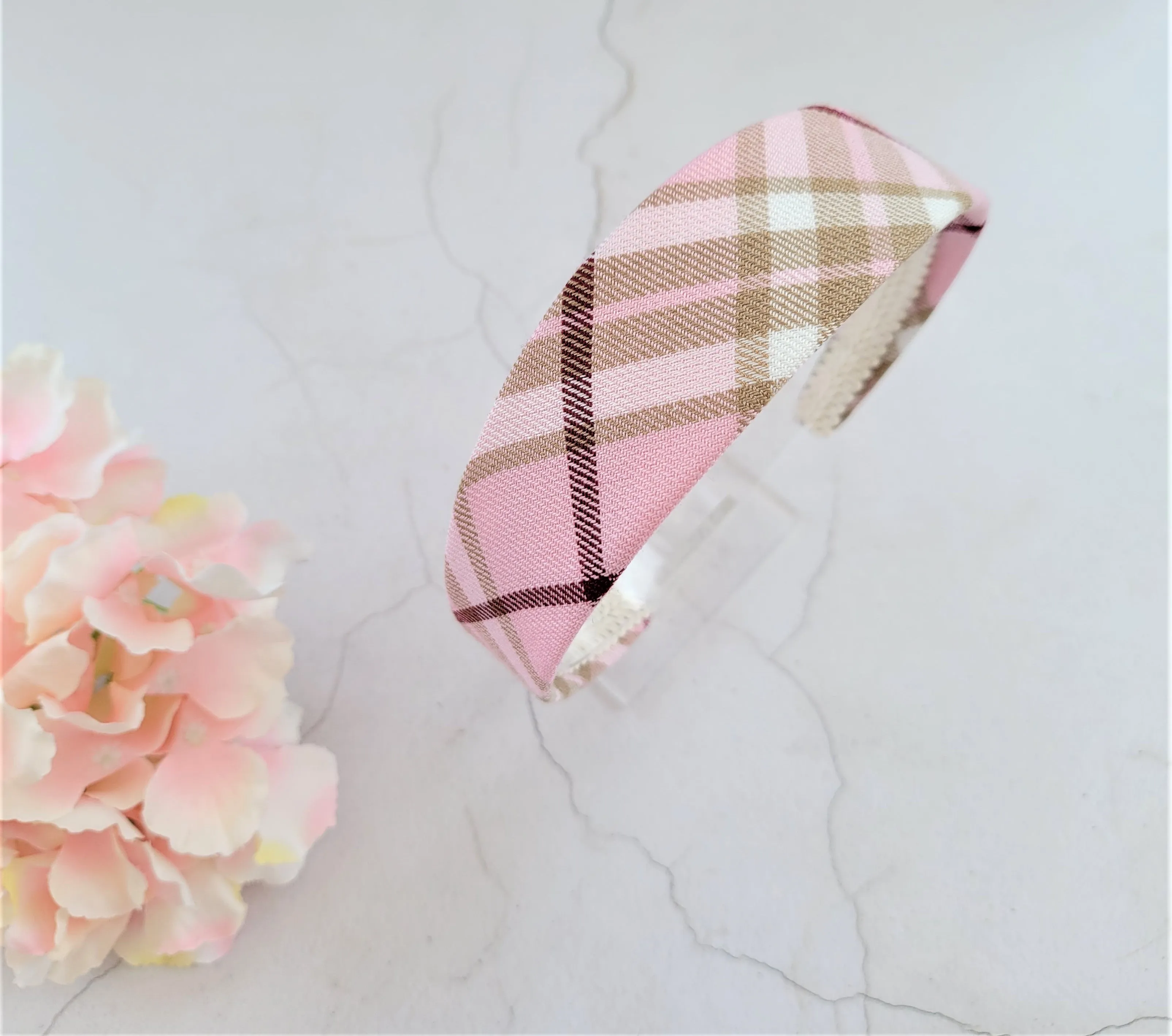 Pink Tartan Check Headband Alice Band Hair Band Wide Pink and cream