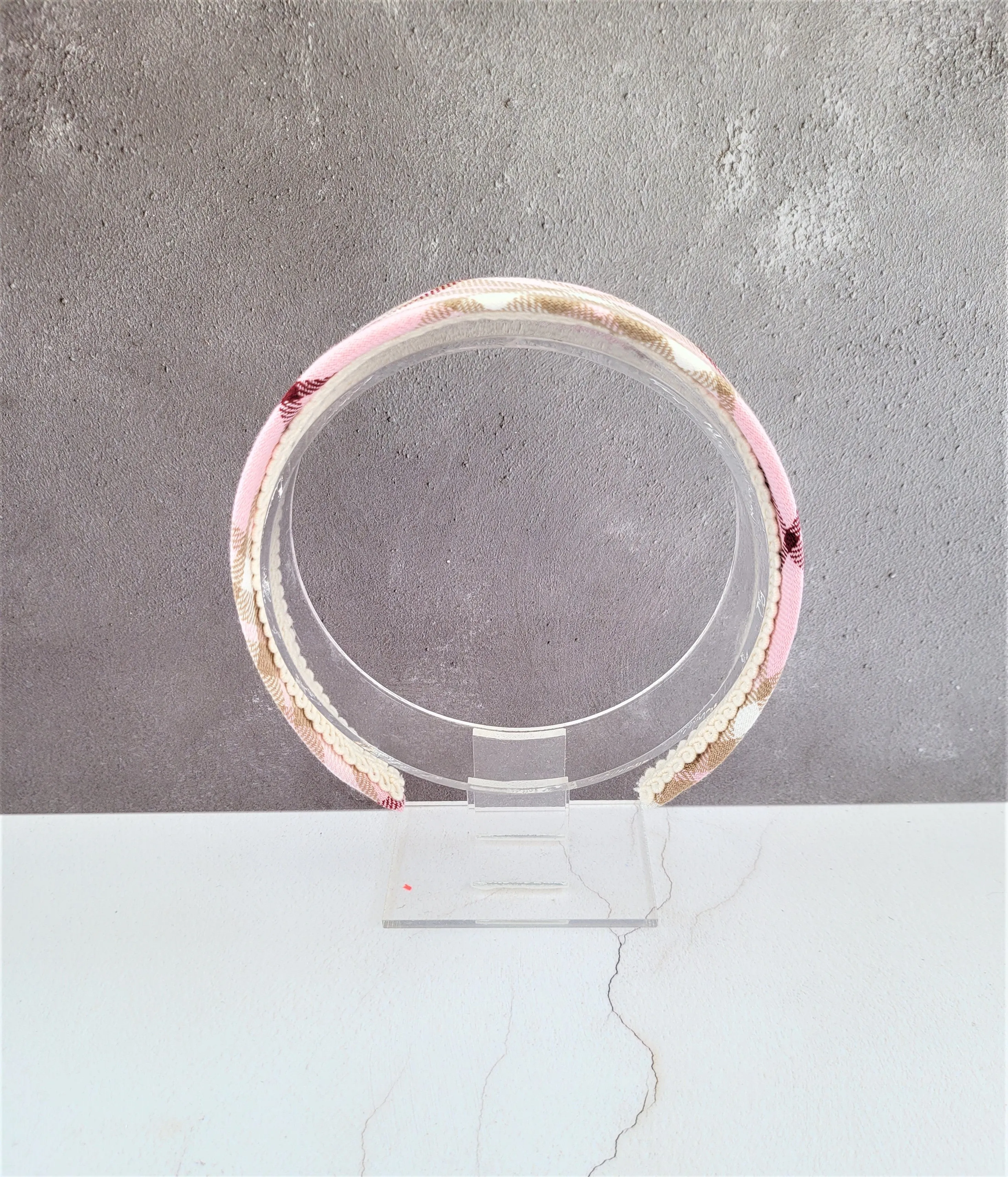 Pink Tartan Check Headband Alice Band Hair Band Wide Pink and cream
