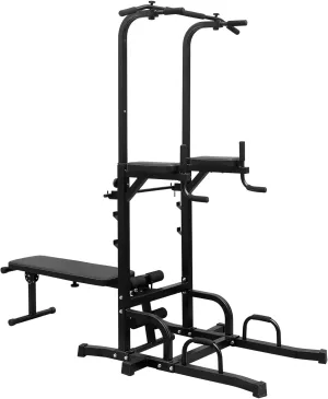Power Tower Dip Station with Bench, Adjustable Height Pull Up Bar Stand, Heavy Duty Multi-Function Fitness Training Equipment for Home, Office, Gym