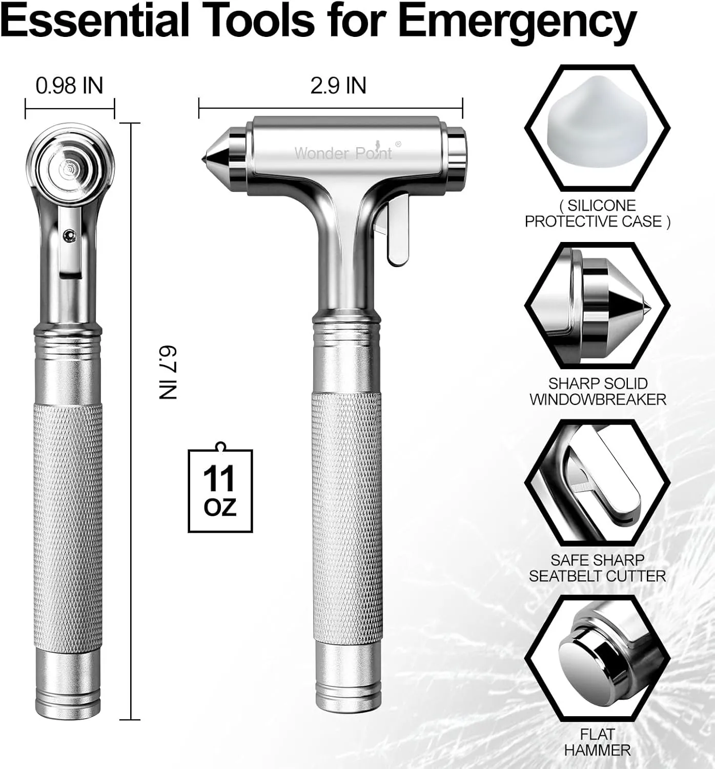 Premium Car Glass Breaker with Seat Belt Cutter - Automotive Safety Hammer - Emergecy Escape Tool, Car Autoaccessory Metal Window Hammer, Vehicle Hard Aluminium Alloy Head Design(Silver)