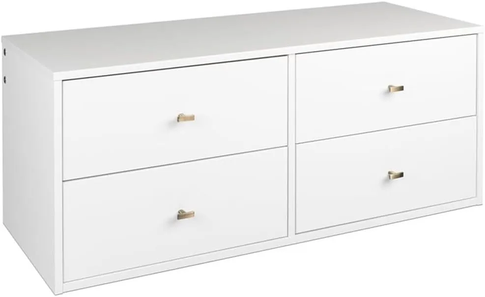Prepac 4-Drawer Floating Dresser for Bedroom, Modern Dresser Chest of Drawers with Brushed Brass Knobs 16" D x 42.25" W x 17.25" H, White, WDBW-1412-1