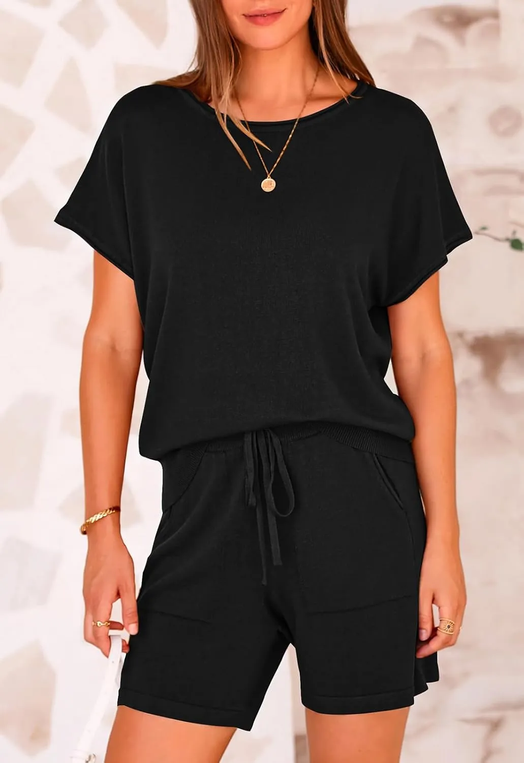 PRETTYGARDEN Two Piece Set For Women Summer Lounge Sets Shorts And Short Sleeve Tops Knitted Matching Travel Spring Outfits