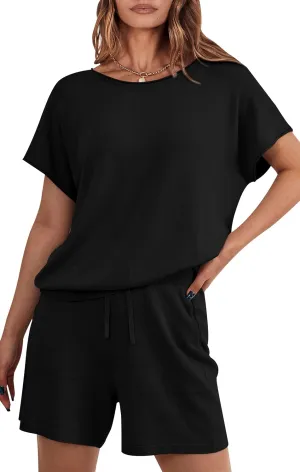 PRETTYGARDEN Two Piece Set For Women Summer Lounge Sets Shorts And Short Sleeve Tops Knitted Matching Travel Spring Outfits