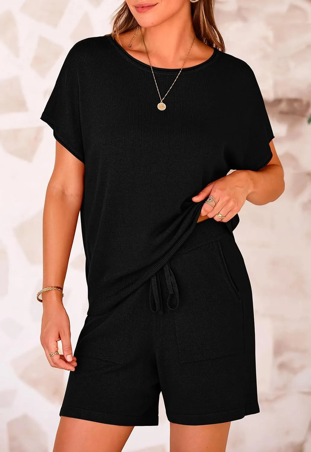 PRETTYGARDEN Two Piece Set For Women Summer Lounge Sets Shorts And Short Sleeve Tops Knitted Matching Travel Spring Outfits