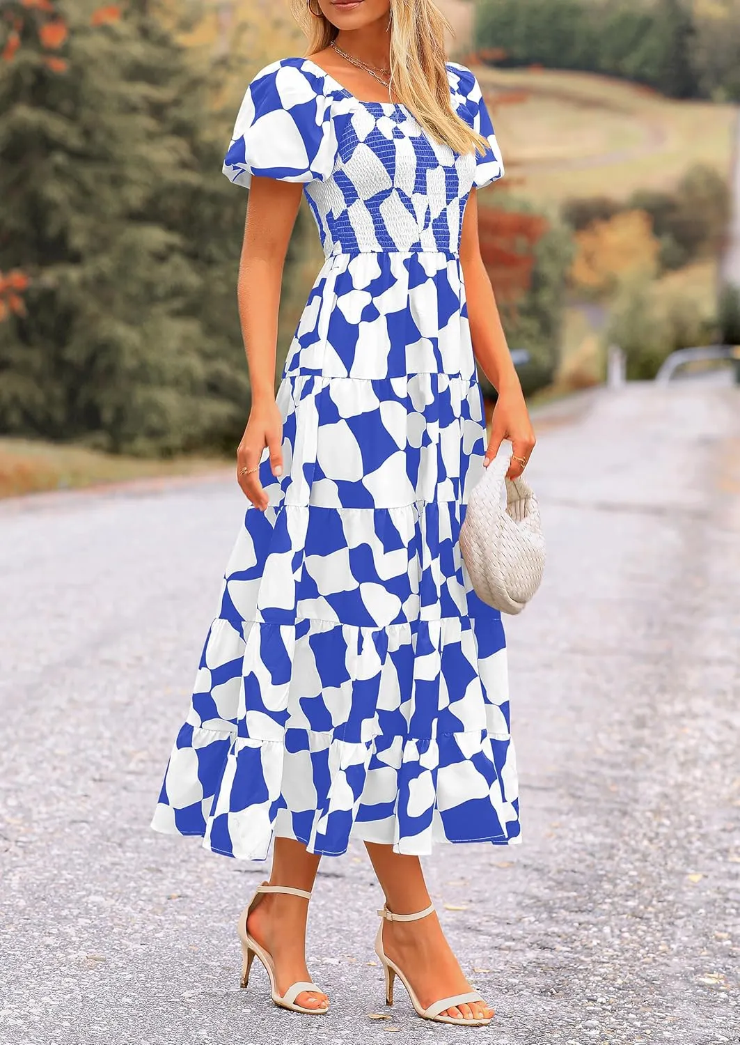 PRETTYGARDEN Women's 2025 Summer Boho Midi Dress Off Shoulder Puff Sleeve Print Smocked Ruffle Beach Long Flowy Dresses