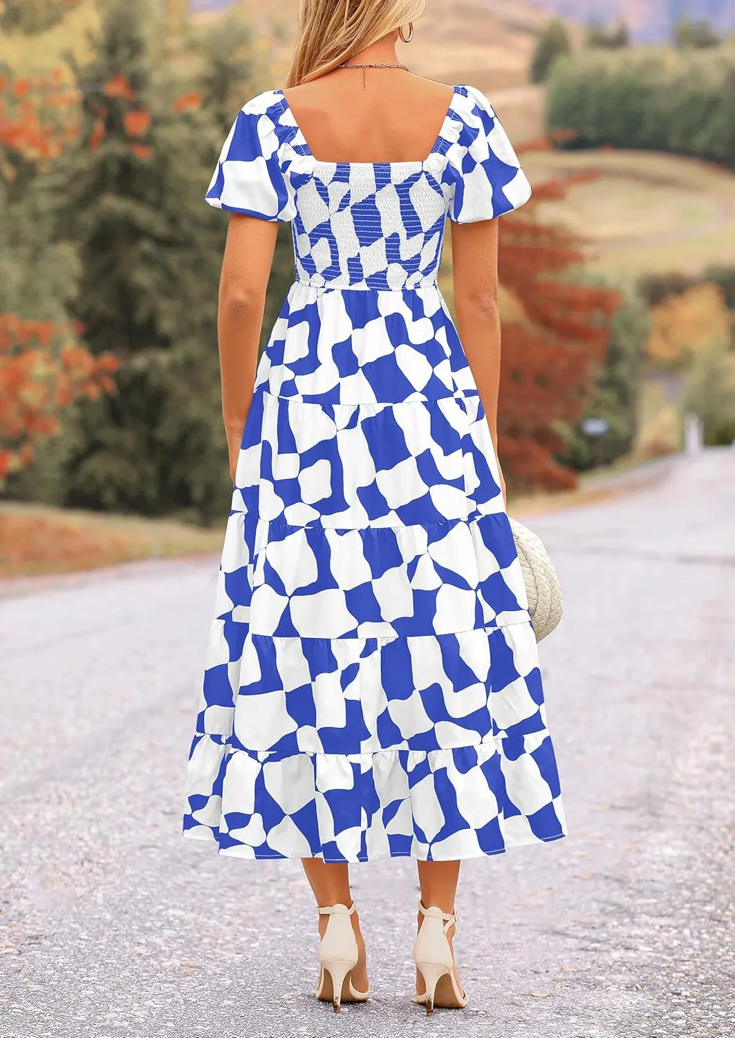 PRETTYGARDEN Women's 2025 Summer Boho Midi Dress Off Shoulder Puff Sleeve Print Smocked Ruffle Beach Long Flowy Dresses