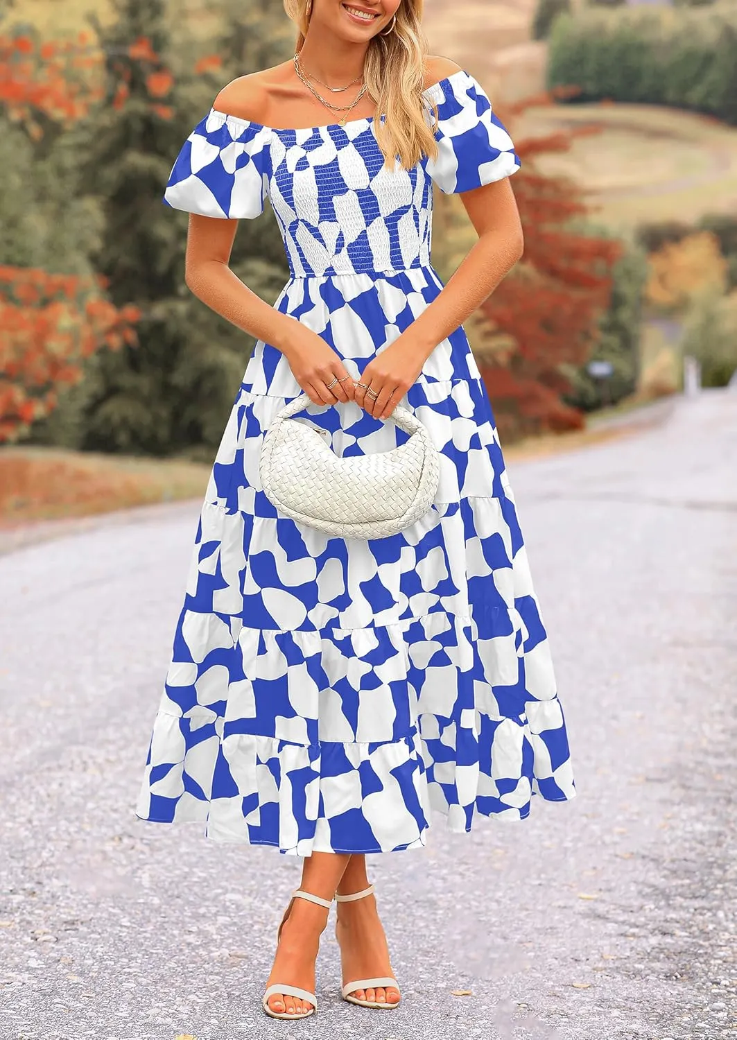 PRETTYGARDEN Women's 2025 Summer Boho Midi Dress Off Shoulder Puff Sleeve Print Smocked Ruffle Beach Long Flowy Dresses