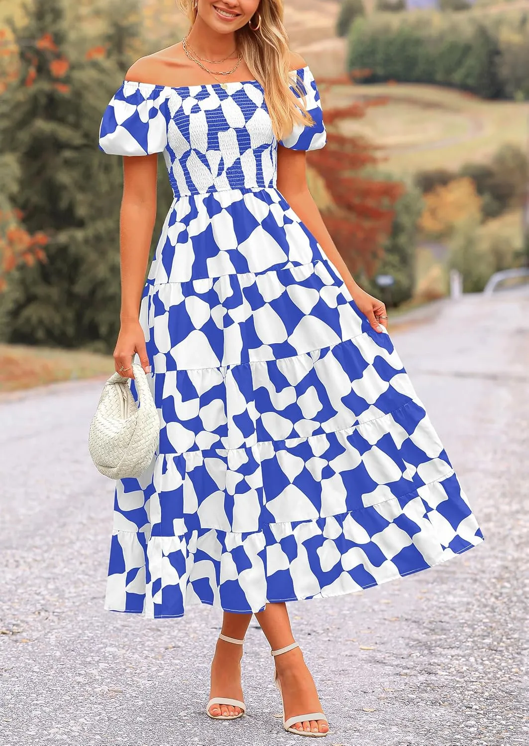 PRETTYGARDEN Women's 2025 Summer Boho Midi Dress Off Shoulder Puff Sleeve Print Smocked Ruffle Beach Long Flowy Dresses