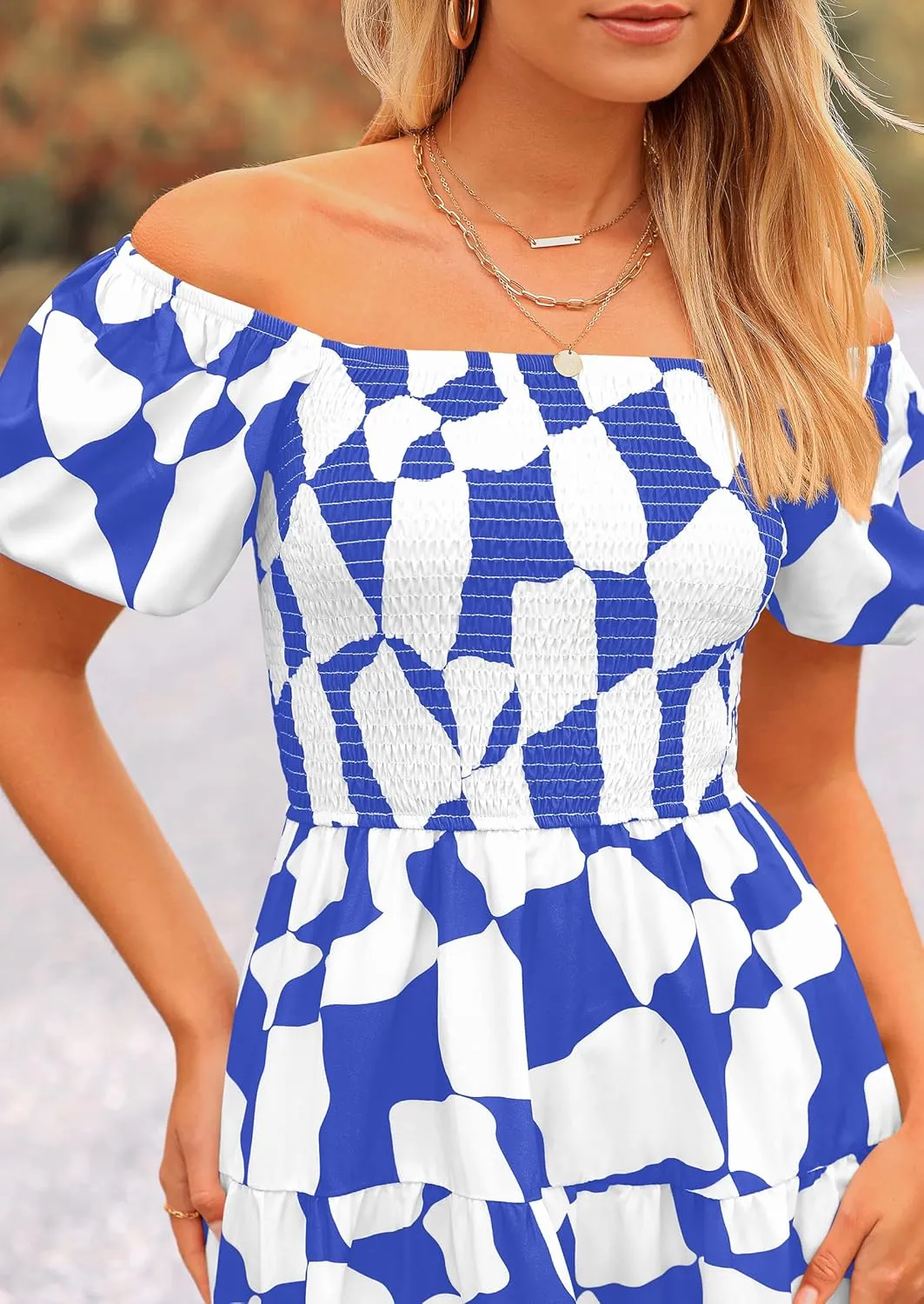 PRETTYGARDEN Women's 2025 Summer Boho Midi Dress Off Shoulder Puff Sleeve Print Smocked Ruffle Beach Long Flowy Dresses