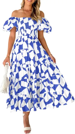 PRETTYGARDEN Women's 2025 Summer Boho Midi Dress Off Shoulder Puff Sleeve Print Smocked Ruffle Beach Long Flowy Dresses