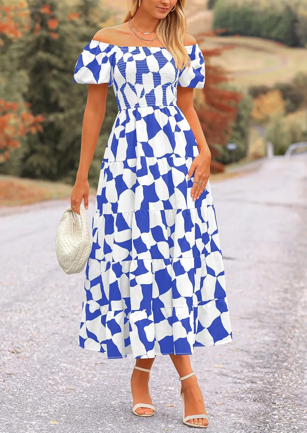PRETTYGARDEN Women's 2025 Summer Boho Midi Dress Off Shoulder Puff Sleeve Print Smocked Ruffle Beach Long Flowy Dresses