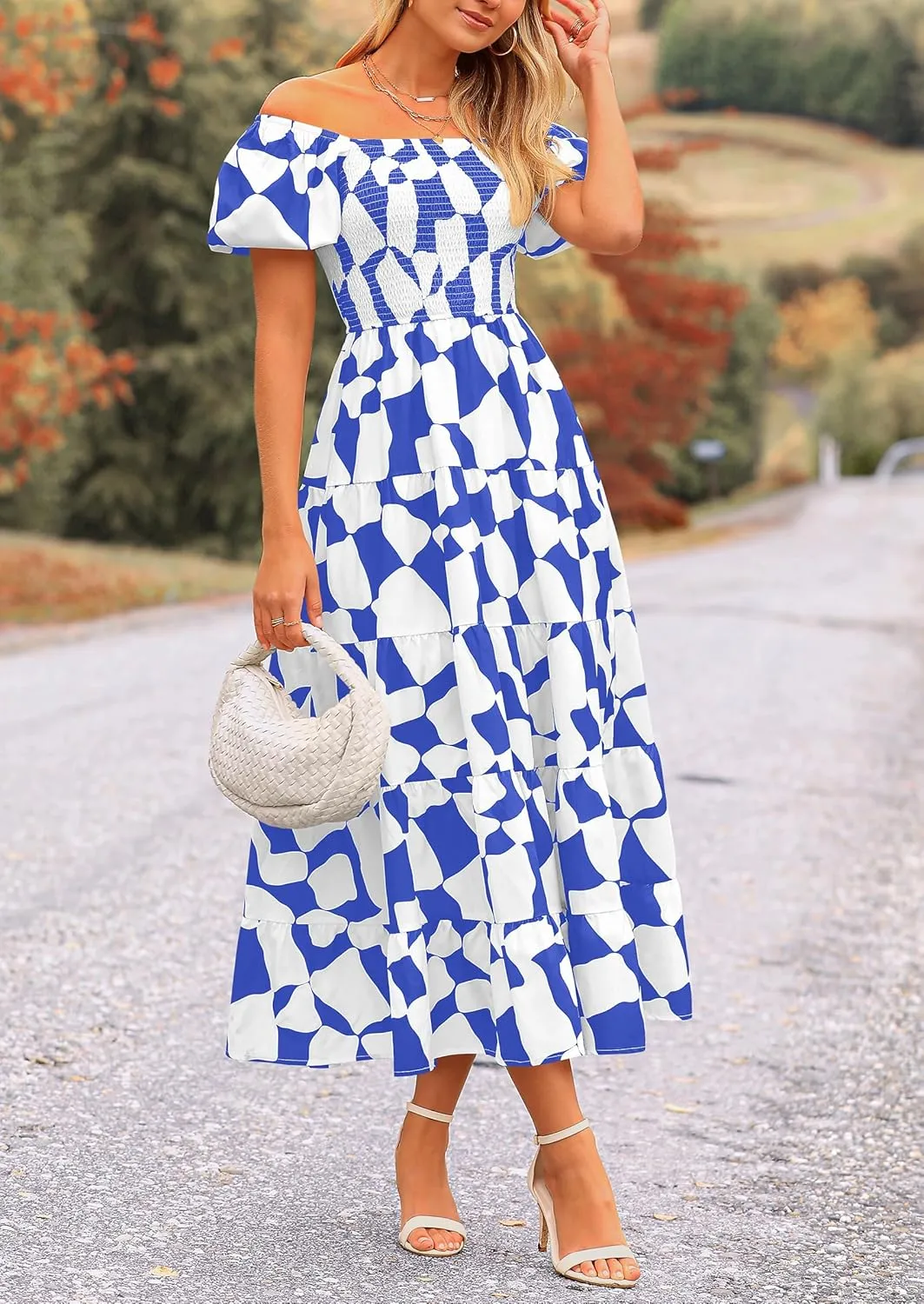 PRETTYGARDEN Women's 2025 Summer Boho Midi Dress Off Shoulder Puff Sleeve Print Smocked Ruffle Beach Long Flowy Dresses