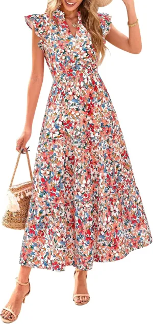 PRETTYGARDEN Women's 2025 Summer Floral Midi Dress Cap Sleeve V Neck Ruffle Long Flowy Boho Casual Beach Vacation Dresses
