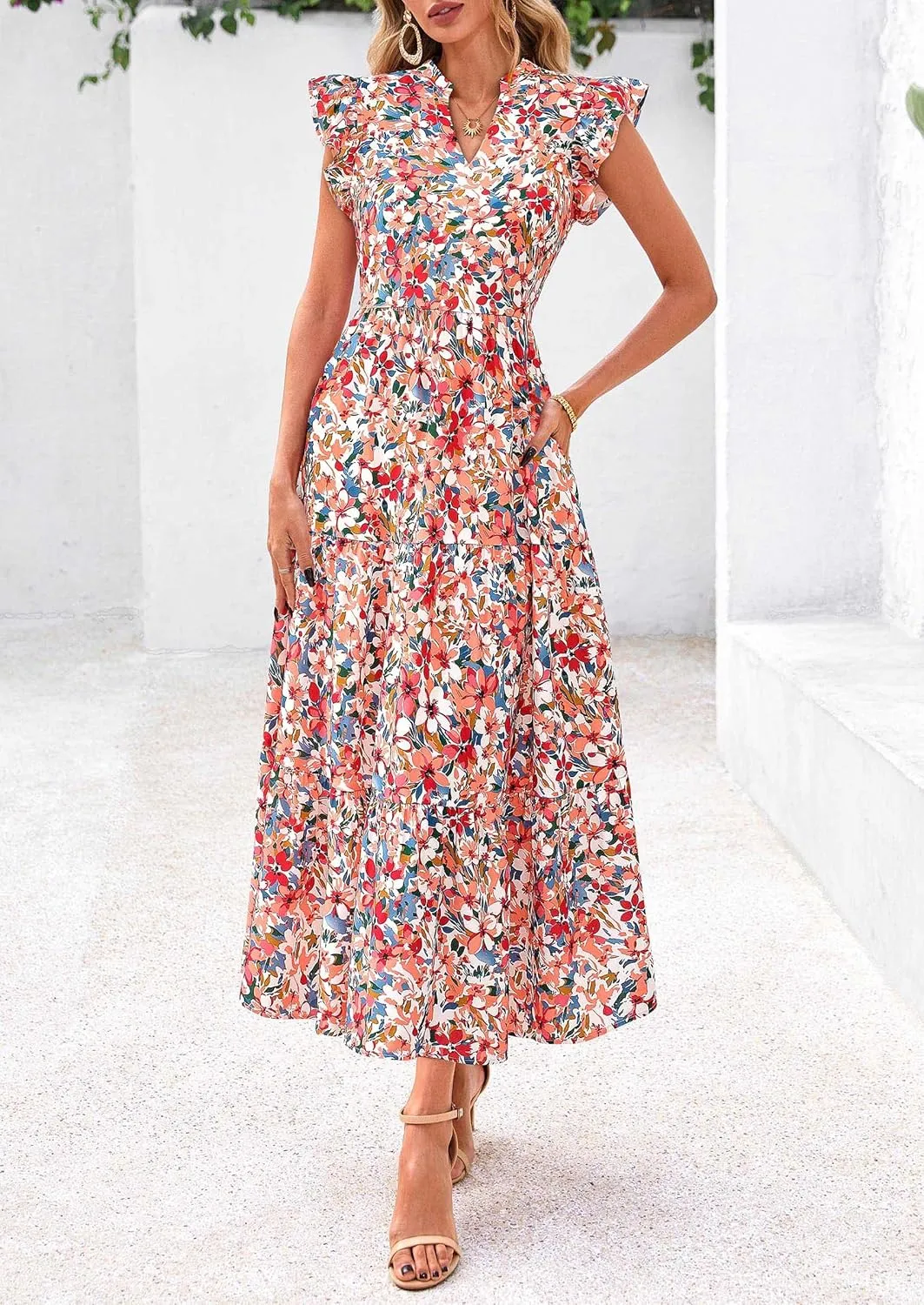 PRETTYGARDEN Women's 2025 Summer Floral Midi Dress Cap Sleeve V Neck Ruffle Long Flowy Boho Casual Beach Vacation Dresses