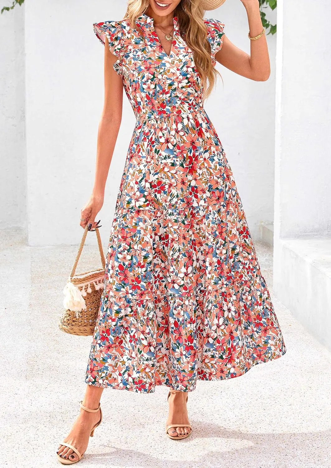 PRETTYGARDEN Women's 2025 Summer Floral Midi Dress Cap Sleeve V Neck Ruffle Long Flowy Boho Casual Beach Vacation Dresses