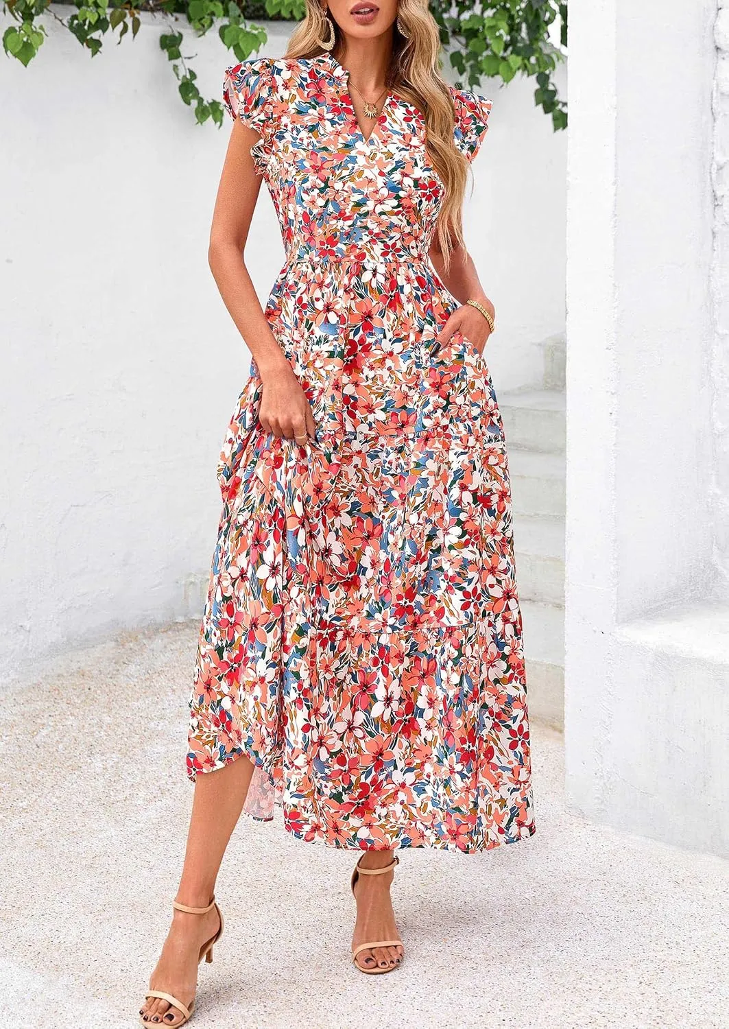 PRETTYGARDEN Women's 2025 Summer Floral Midi Dress Cap Sleeve V Neck Ruffle Long Flowy Boho Casual Beach Vacation Dresses