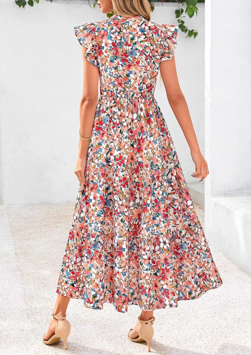 PRETTYGARDEN Women's 2025 Summer Floral Midi Dress Cap Sleeve V Neck Ruffle Long Flowy Boho Casual Beach Vacation Dresses