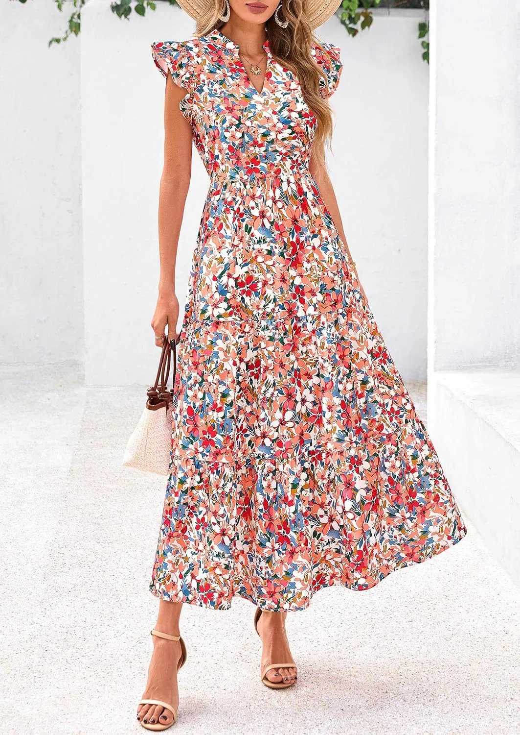 PRETTYGARDEN Women's 2025 Summer Floral Midi Dress Cap Sleeve V Neck Ruffle Long Flowy Boho Casual Beach Vacation Dresses