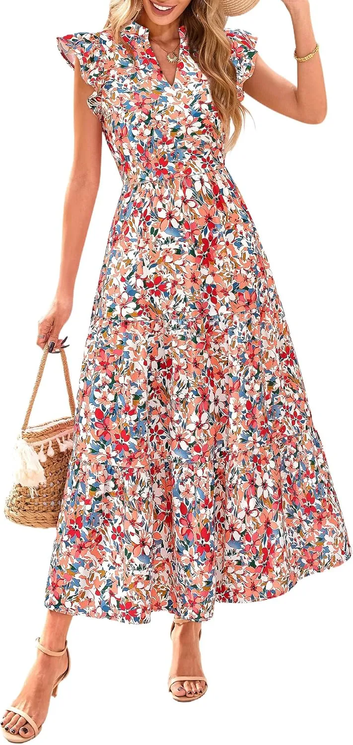 PRETTYGARDEN Women's 2025 Summer Floral Midi Dress Cap Sleeve V Neck Ruffle Long Flowy Boho Casual Beach Vacation Dresses