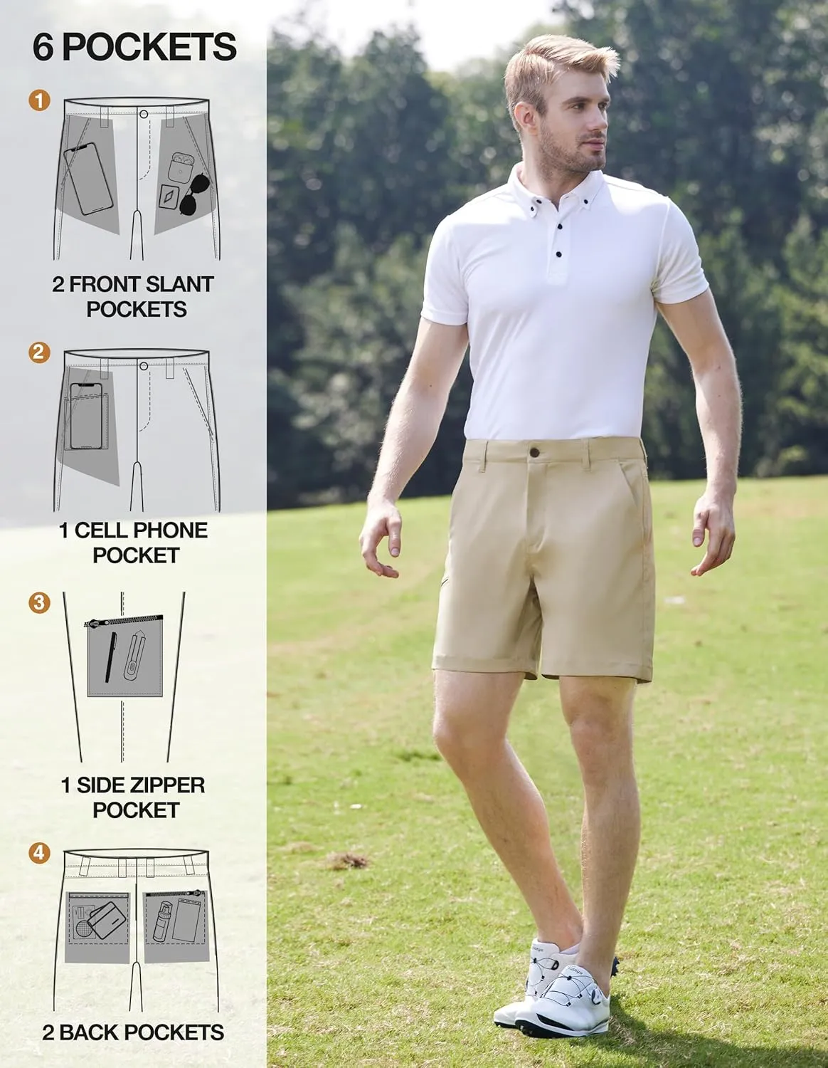 PULI Mens Golf Hybrid Shorts 7 Inch Dress Stretch Hiking Flat Front Quick Dry Lightweight Board Casual Shorts with Pockets