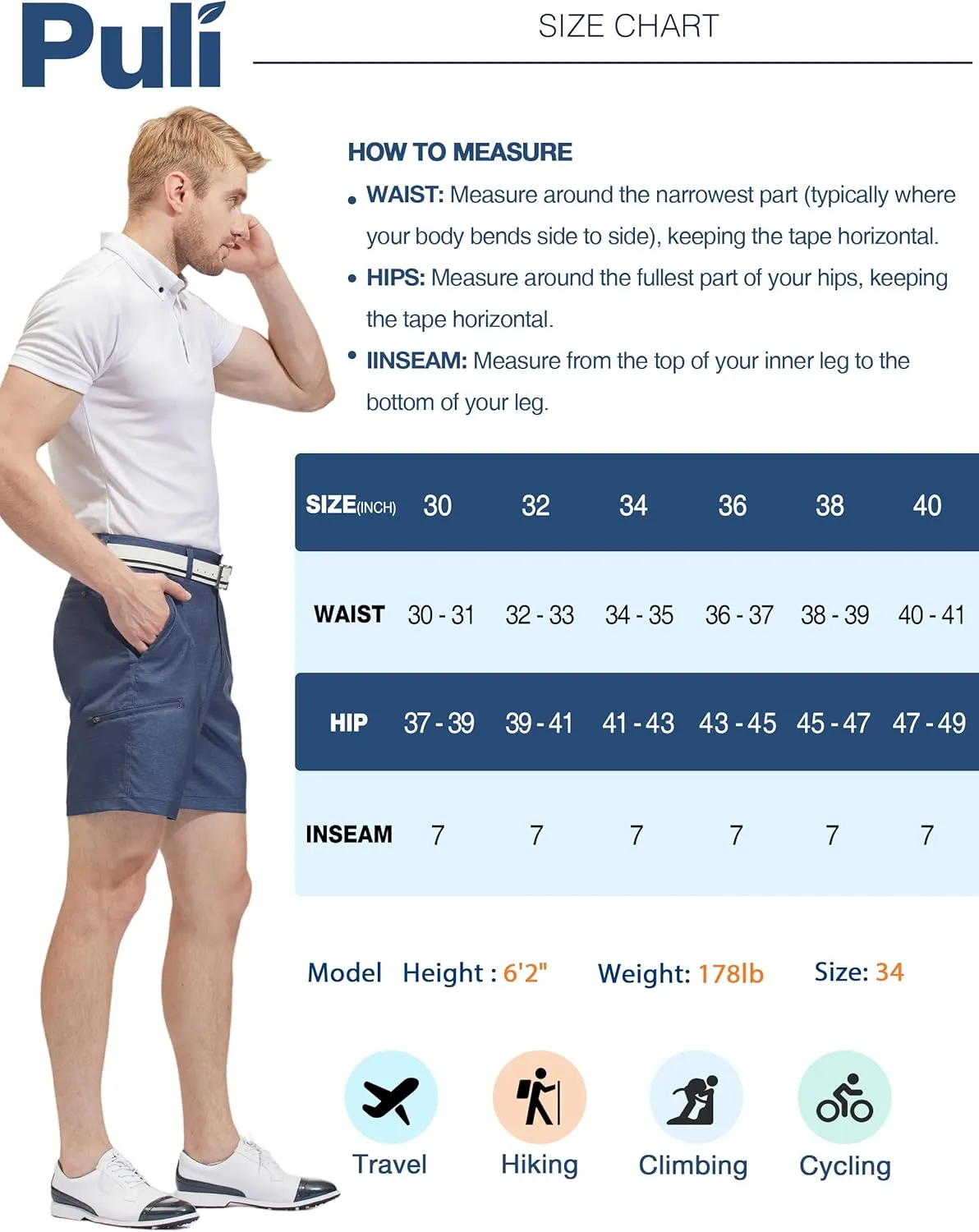 PULI Mens Golf Hybrid Shorts 7 Inch Dress Stretch Hiking Flat Front Quick Dry Lightweight Board Casual Shorts with Pockets
