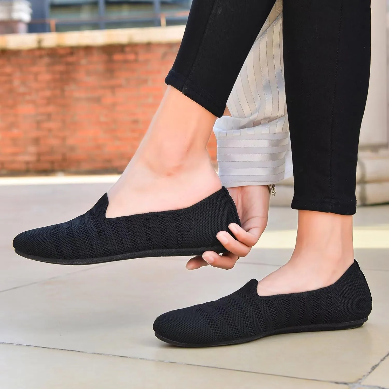 Puxowe Women's Knit Ballet Flats Slip-On Shoes with Low Wedge Sole - Comfortable Round Toe Shoes for Walking, Dress & Casual Outfits