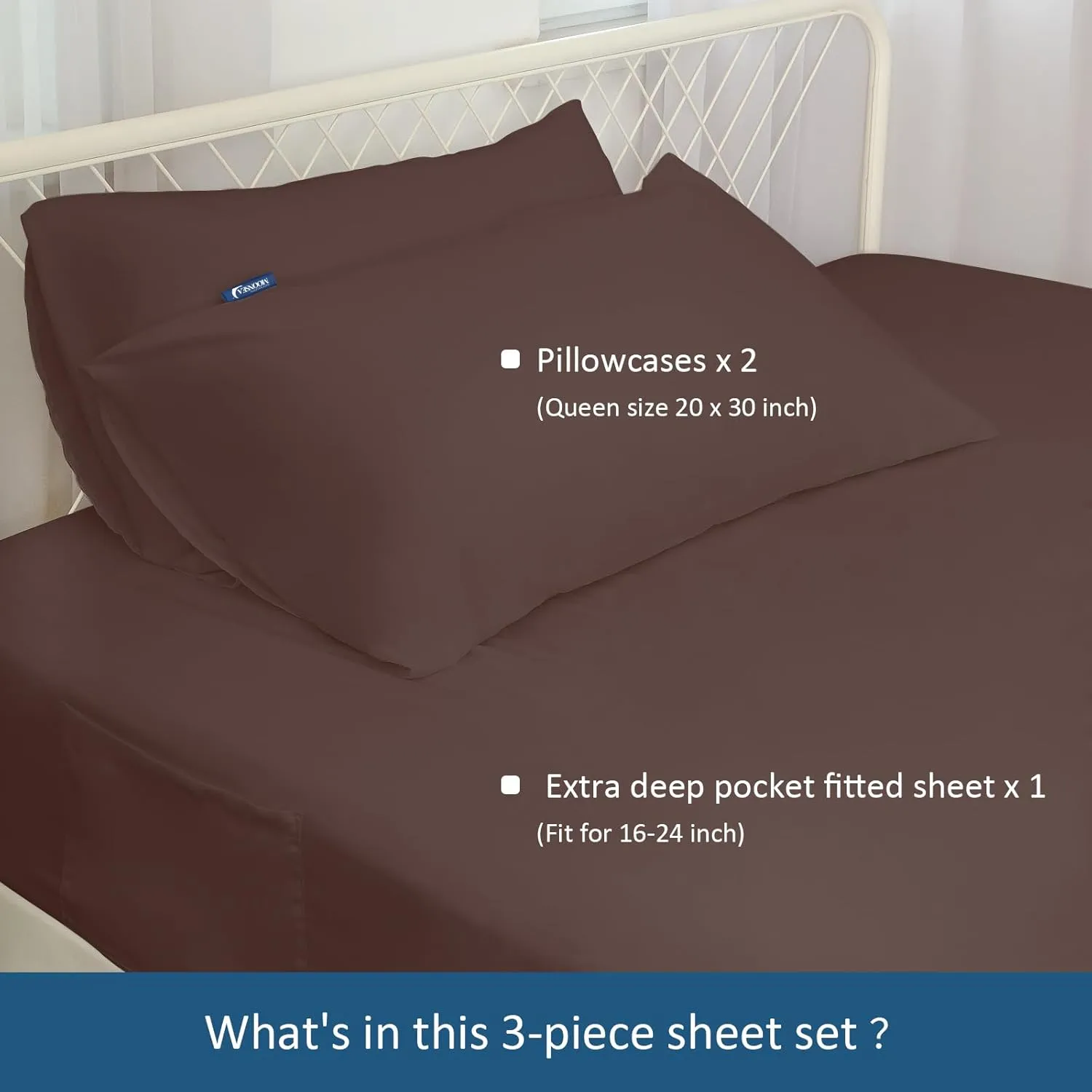 Queen Sheet Set for Air Mattress - Sheets Queen Size Bed Set - 3Pcs Side Storage Pocket Fitted Sheet & Pillowcases Easily Fits 16in to 24in Pillow Top Air Bed Mattress - Brown