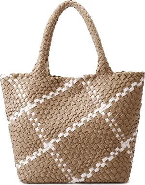 Queenoris Fashion Woven Tote Bag for Women, Shopper Bag Soft Vegan Leather Hand-woven Handbag with Purse