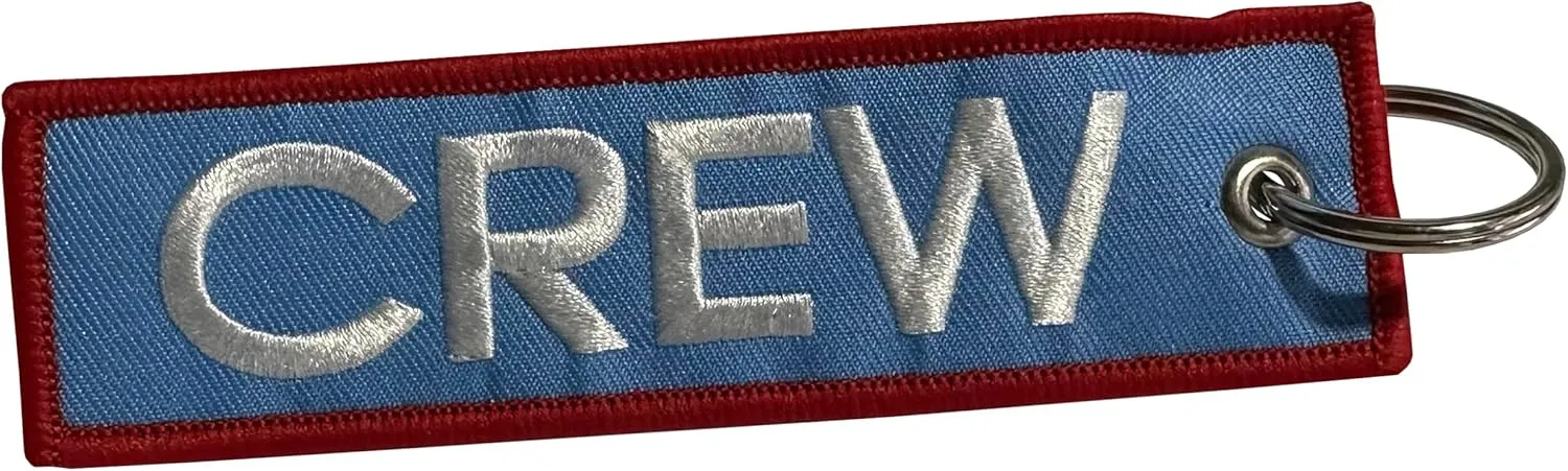 "CREW Embroidered Keychain - White on Light Blue with Red Trim