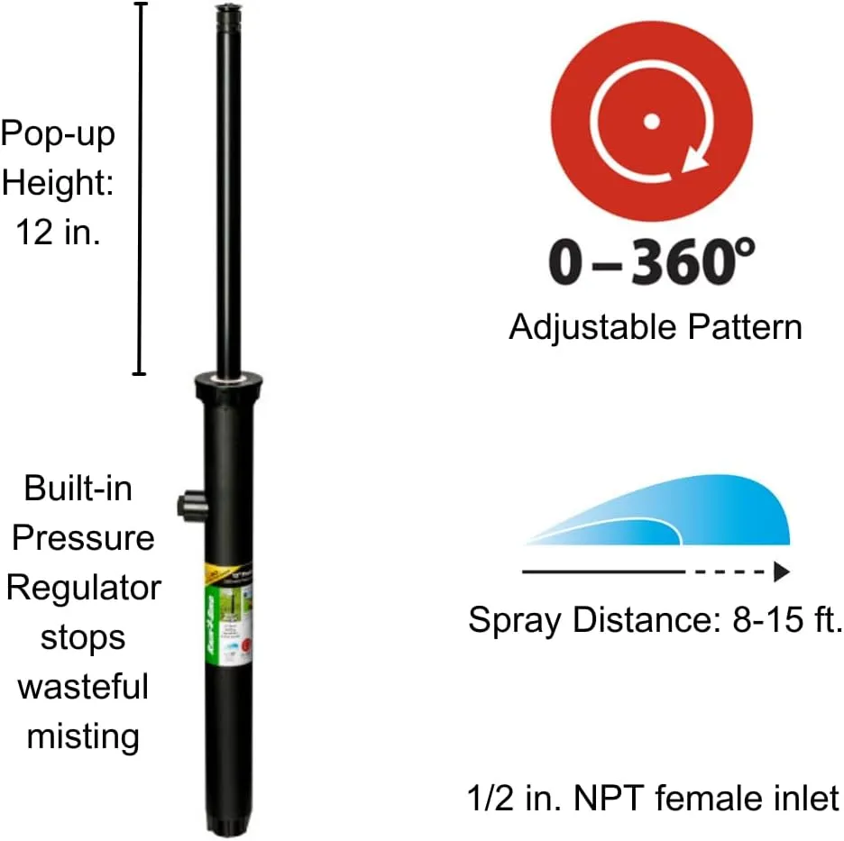 Rain Bird 1812APPRS Pressure Regulating (PRS) Professional Pop-Up Sprinkler, Adjustable 0° - 360° Pattern, 8' - 15' Spray Distance, 12" Pop-up Height