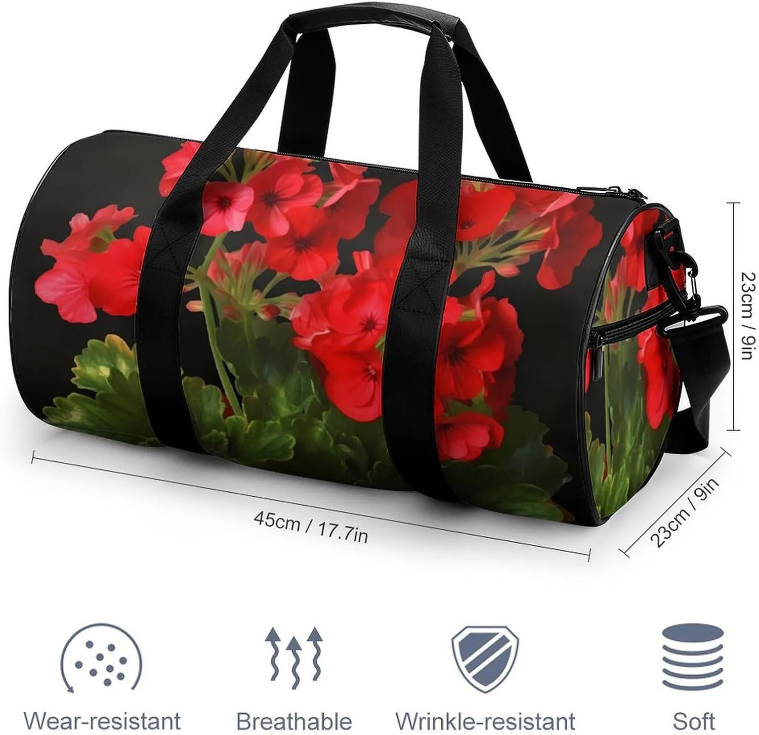 Red Geraniums Duffel Bag for Men Women Gym Bag Sports Small Overnight Bag for Travel Weekender, 17.7in/9in/9in, XB0606009