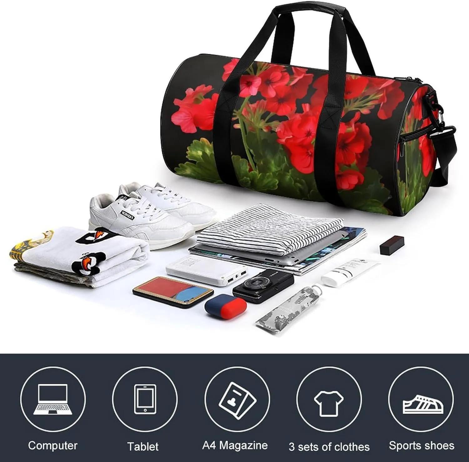 Red Geraniums Duffel Bag for Men Women Gym Bag Sports Small Overnight Bag for Travel Weekender, 17.7in/9in/9in, XB0606009