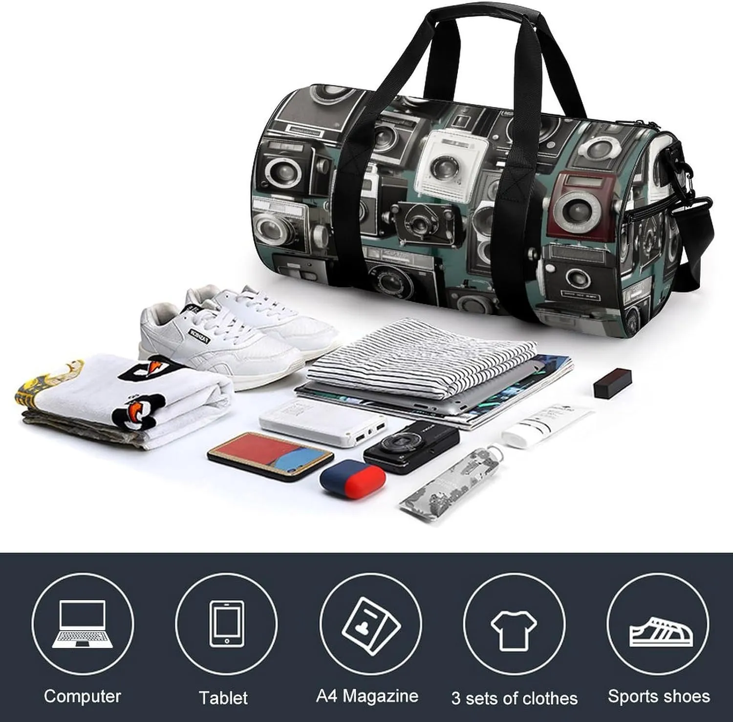 Retro Cool Camera Collection Duffel Bag for Men Women Gym Bag Sports Small Overnight Bag for Travel Weekender, 17.7in/9in/9in, XB0606009