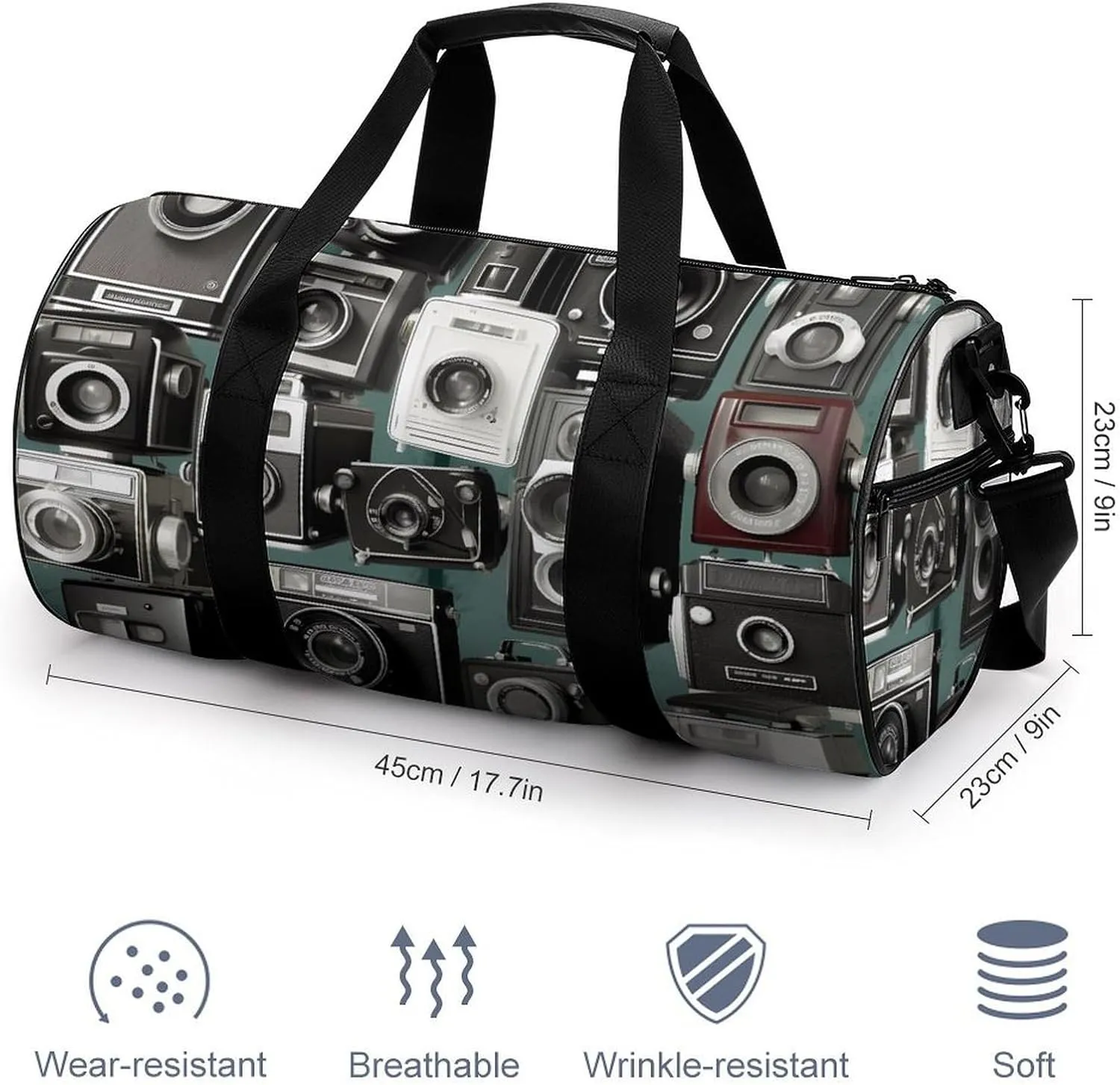 Retro Cool Camera Collection Duffel Bag for Men Women Gym Bag Sports Small Overnight Bag for Travel Weekender, 17.7in/9in/9in, XB0606009