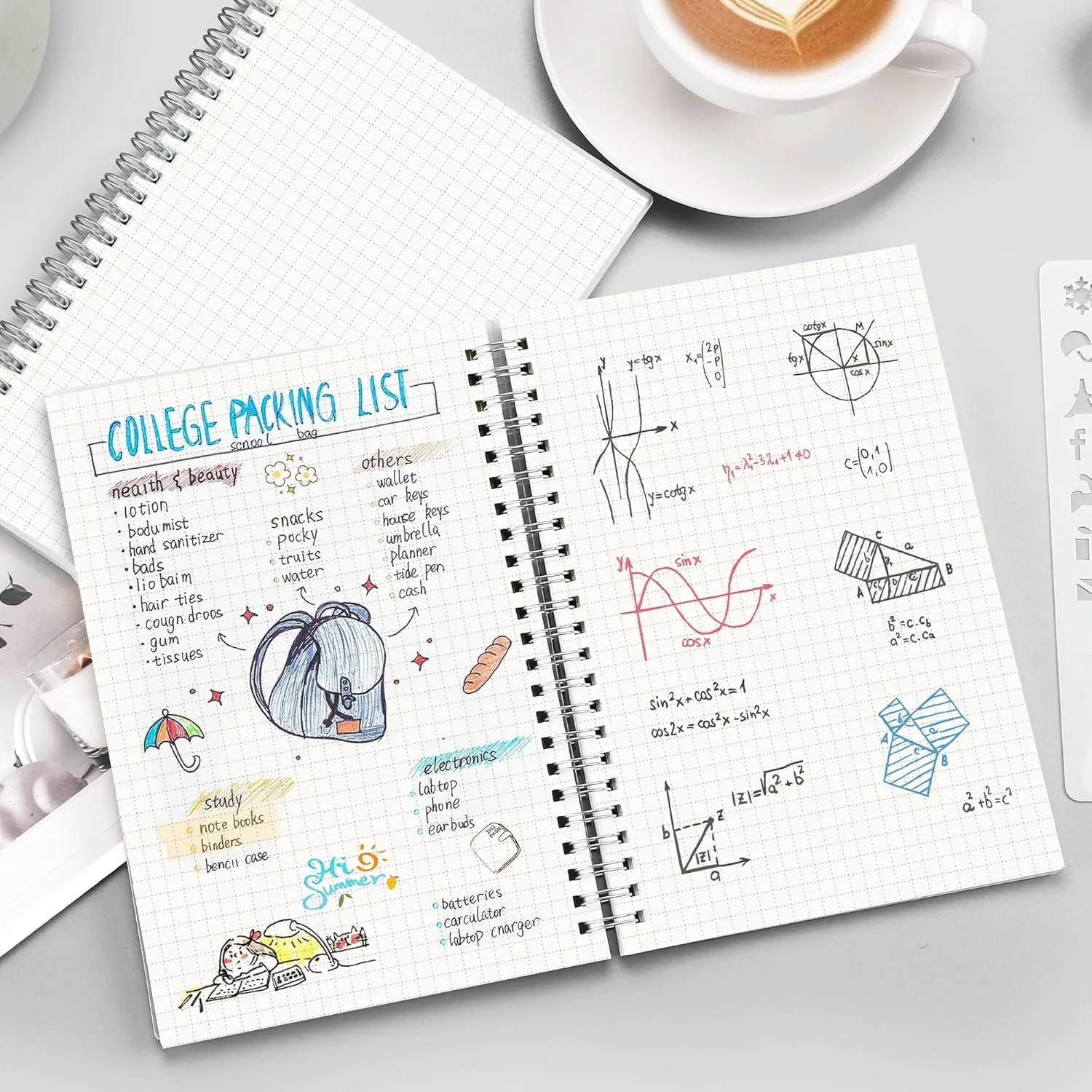 RETTACY Graph Grid Paper Notebook, 2-Pack, 160 Pages per Pack, B5 Medium Size (7.6'' × 10''), 100 GSM Thick Paper, Spiral-bound, Flexible Plastic Cover, for Students, Homework, Math, Engineering