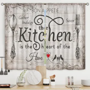 Riyidecor Farmhouse Kitchen Curtains Country Rustic Short Small Retro Vintage Wood Fork and Spoon Rod Pocket Wooden Board Funny Quotes Bedroom Living Room Treatment Fabric 2 Panels 27.5Wx39H Inch