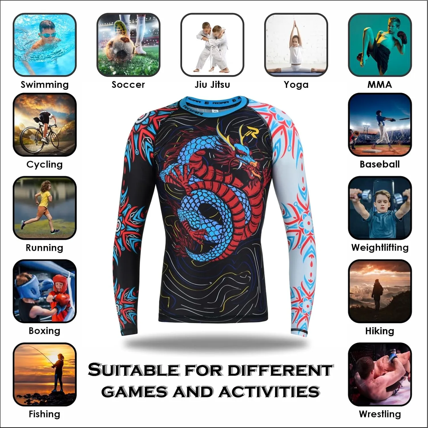 Roar BJJ Kid's MMA Rash Guard Training No-Gi and Gi Jiu Jitsu Rashguard MMA Grappling Compression Shirts Wrestling