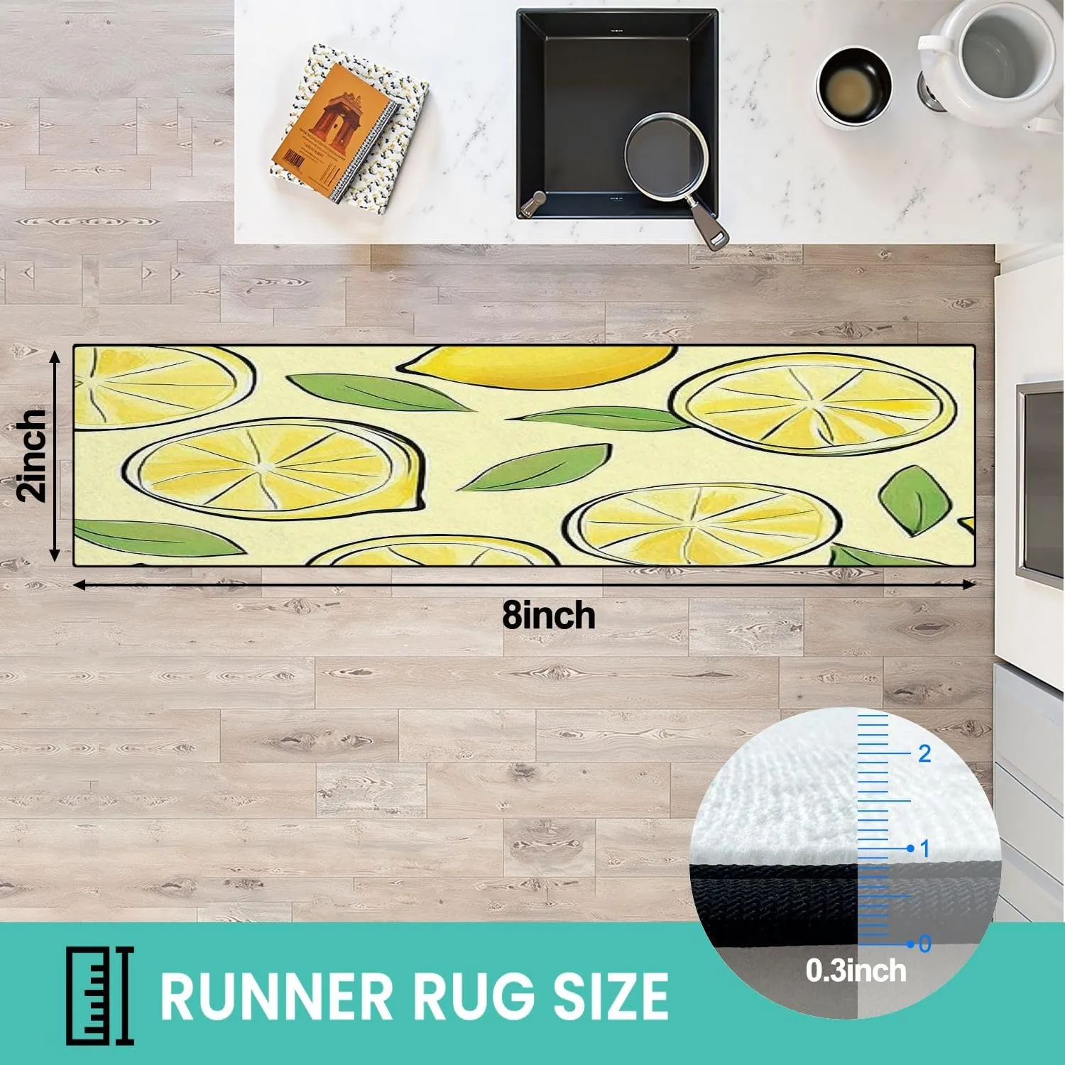 Runner Rug Washable 2x8 Seamless Pattern Lemon Flat Fruit Flat Minimal Non-Slip Hallway Area Rug Indoor Outdoor Home Decor for Entryway Bathroom Kitchen Carpet Yoga Floor Mat