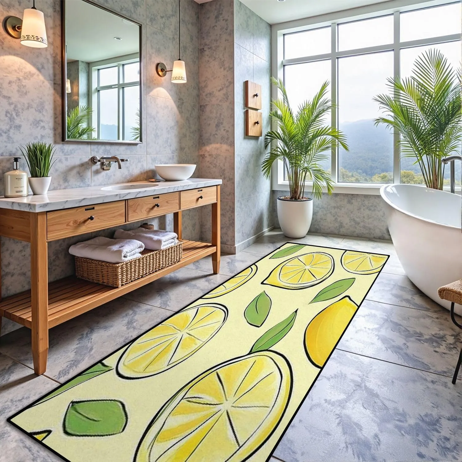 Runner Rug Washable 2x8 Seamless Pattern Lemon Flat Fruit Flat Minimal Non-Slip Hallway Area Rug Indoor Outdoor Home Decor for Entryway Bathroom Kitchen Carpet Yoga Floor Mat