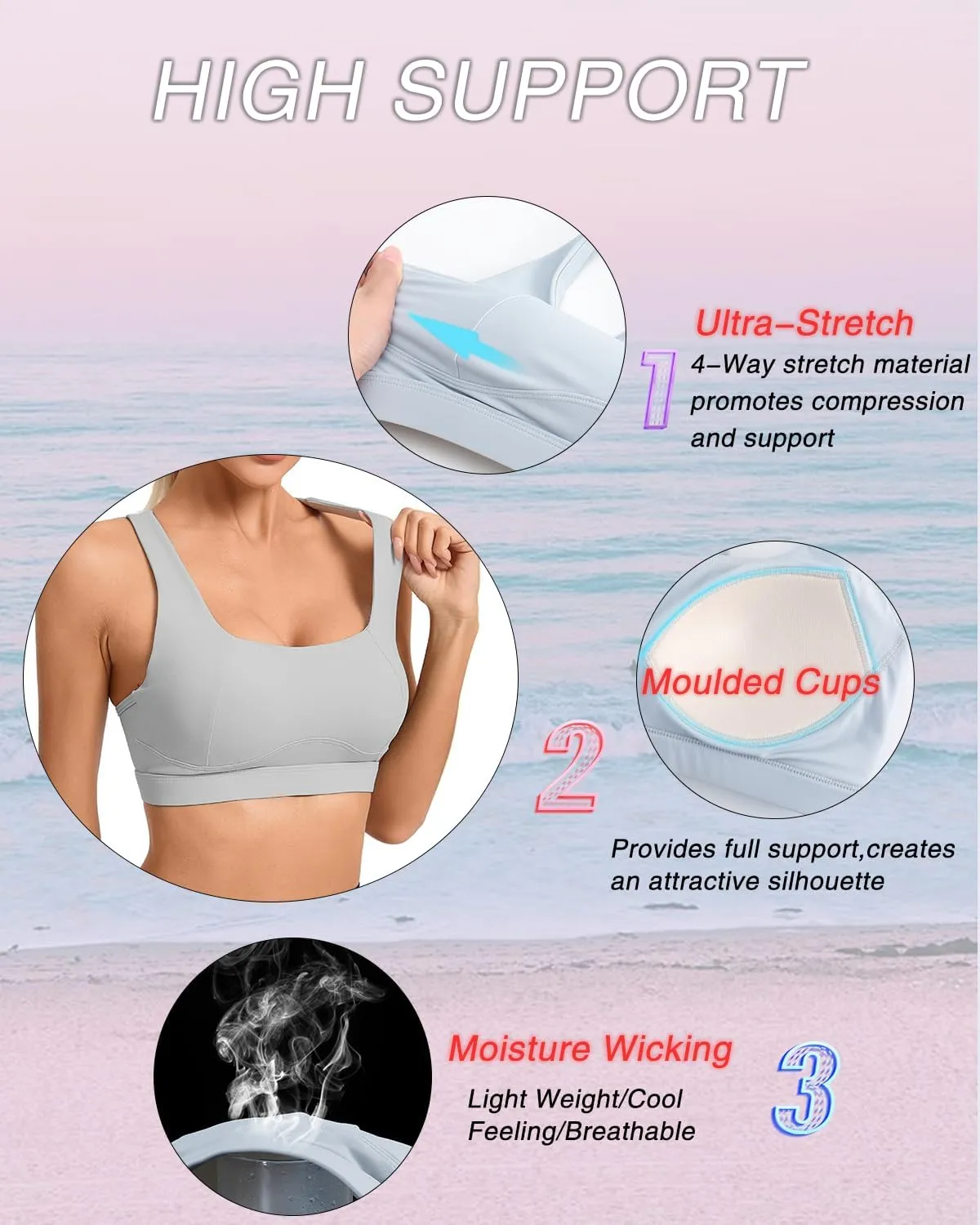 RUNNING GIRL High Impact Sports Bras for Women,Square Neck High Support Bra Moulded Cup Racerback Workout Bra