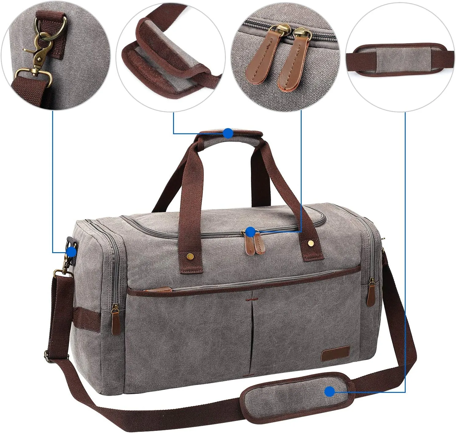S-ZONE 65L Expandable Canvas Duffle Bag Travel Overnight Holdall Weekend Bag with Shoes Compartment Large Carry On Bag Tote Gym Bag for Men Women, Light Gray, X-Large
