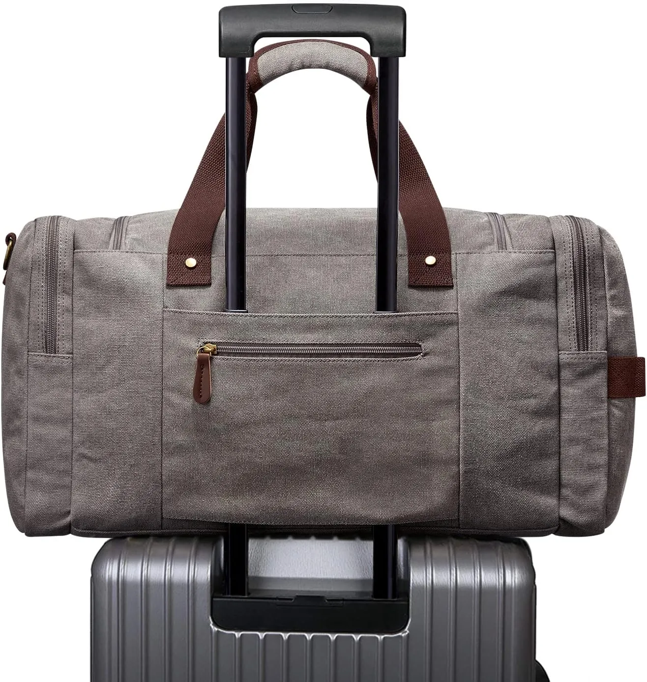 S-ZONE 65L Expandable Canvas Duffle Bag Travel Overnight Holdall Weekend Bag with Shoes Compartment Large Carry On Bag Tote Gym Bag for Men Women, Light Gray, X-Large