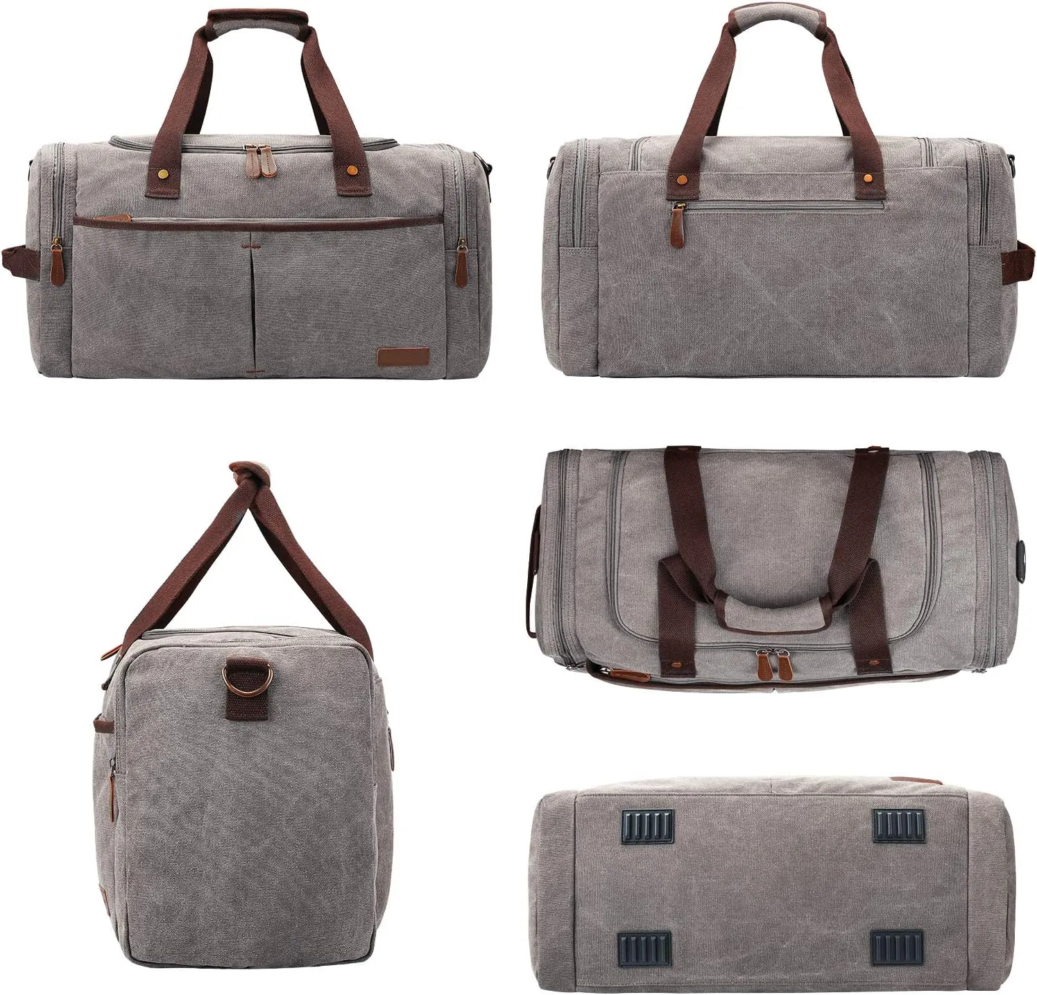 S-ZONE 65L Expandable Canvas Duffle Bag Travel Overnight Holdall Weekend Bag with Shoes Compartment Large Carry On Bag Tote Gym Bag for Men Women, Light Gray, X-Large